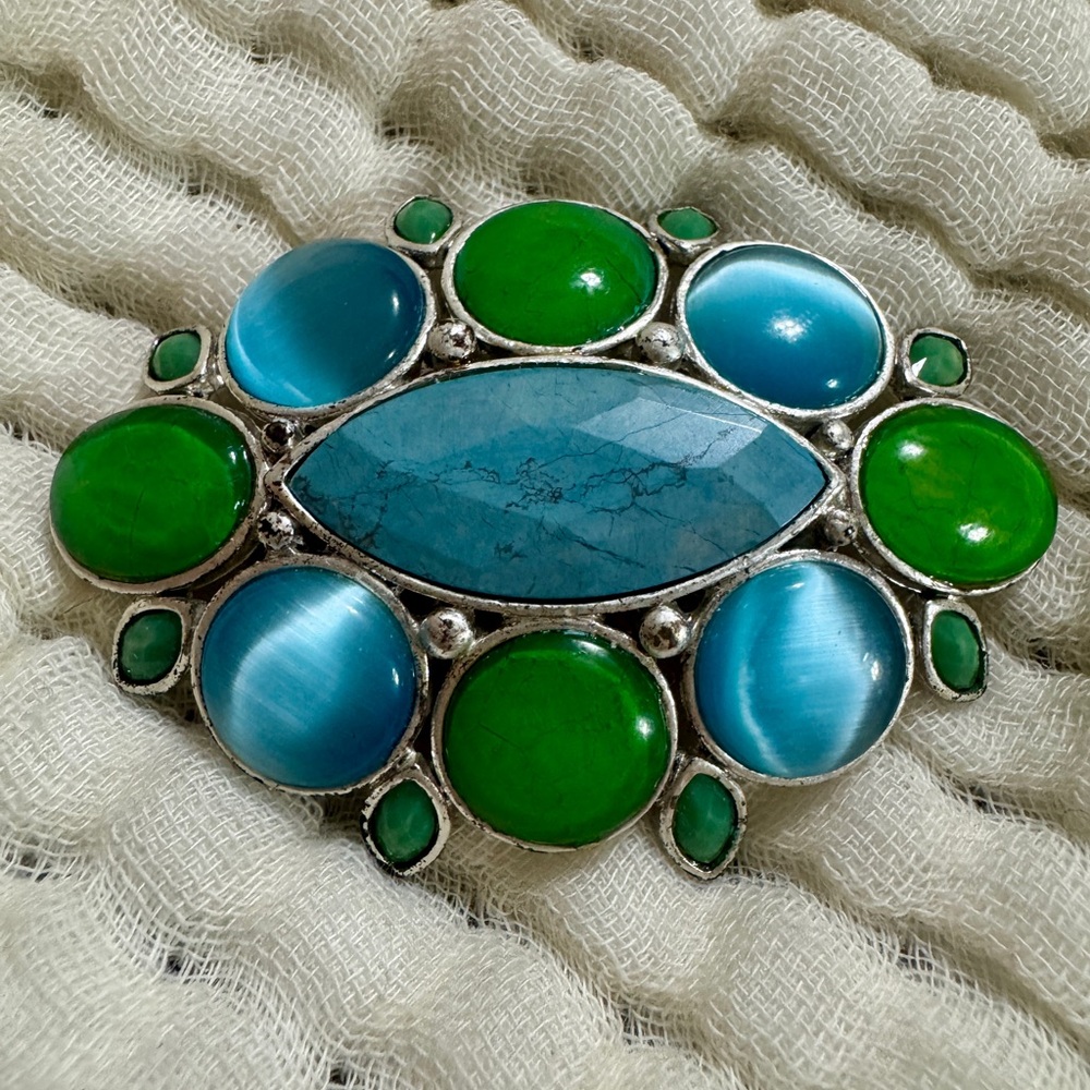 Vintage Liz Claiborne Green & Blue Glass cabochon Brooch/Pin